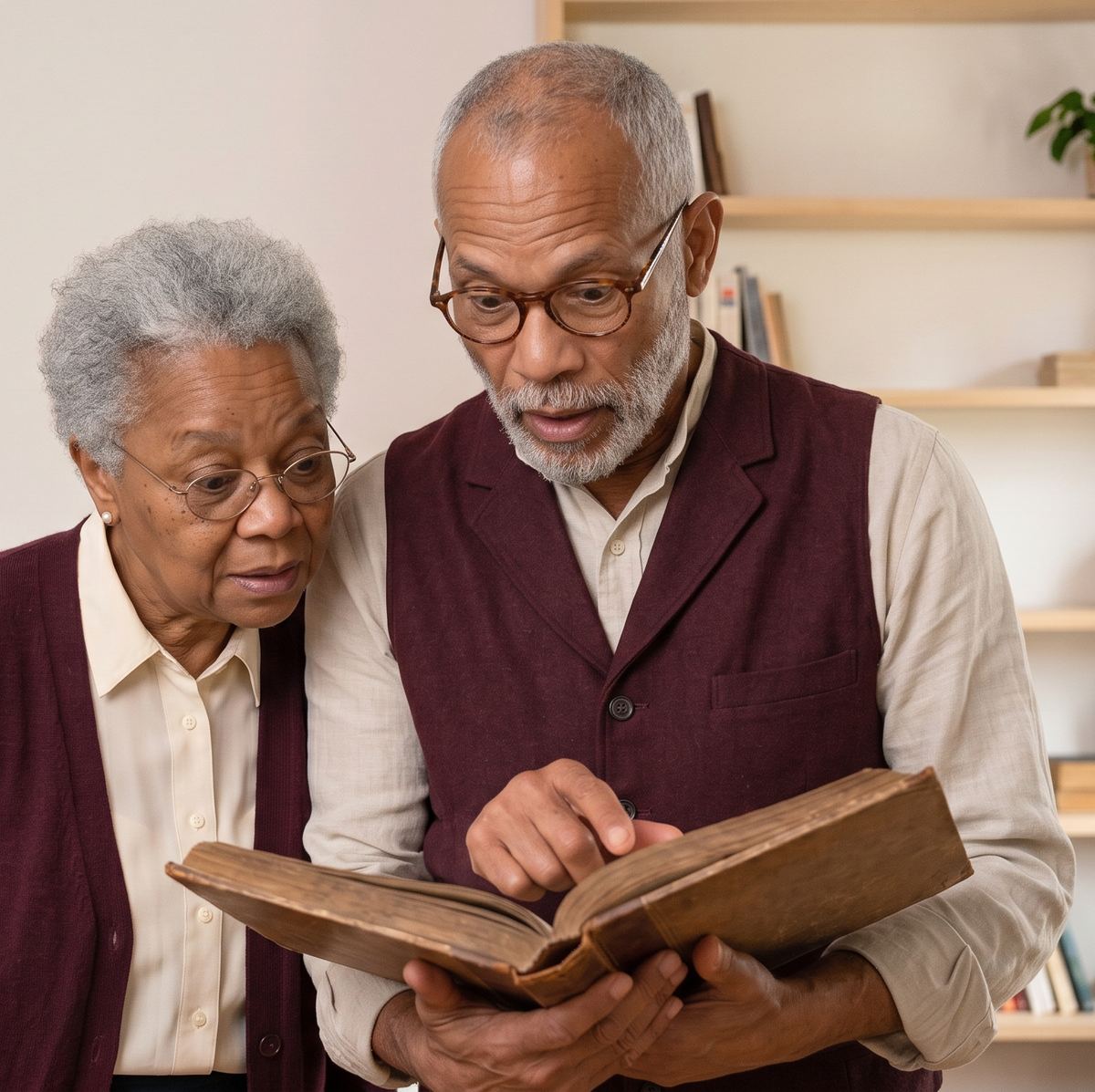 Elias and Naomi Goins, the channel's two AI narrators, reading an old county record book together